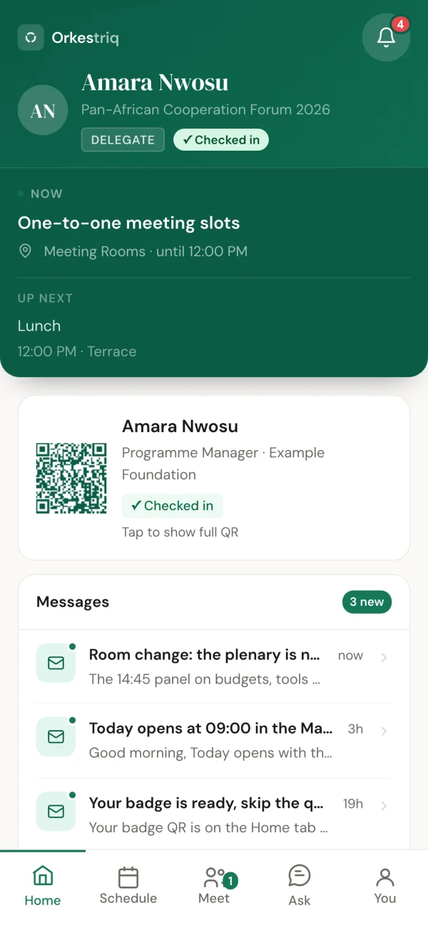 Orkestriq delegate portal on a phone: live session card, QR badge and messages