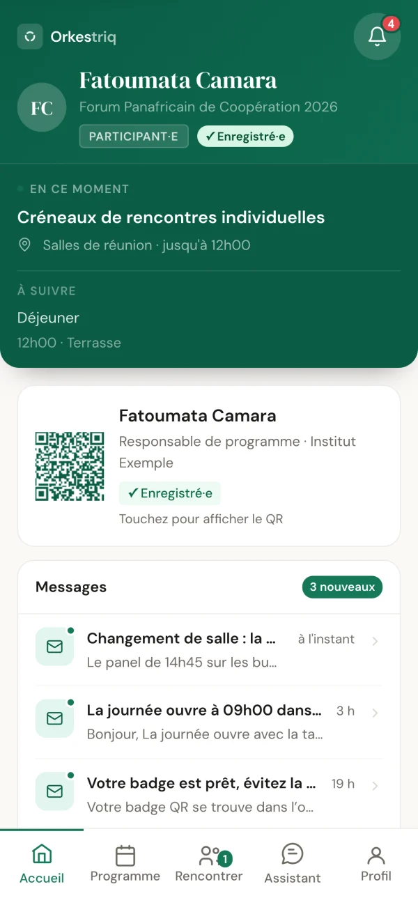 Portail délégué Orkestriq sur un téléphone : session en cours, badge QR et messages
